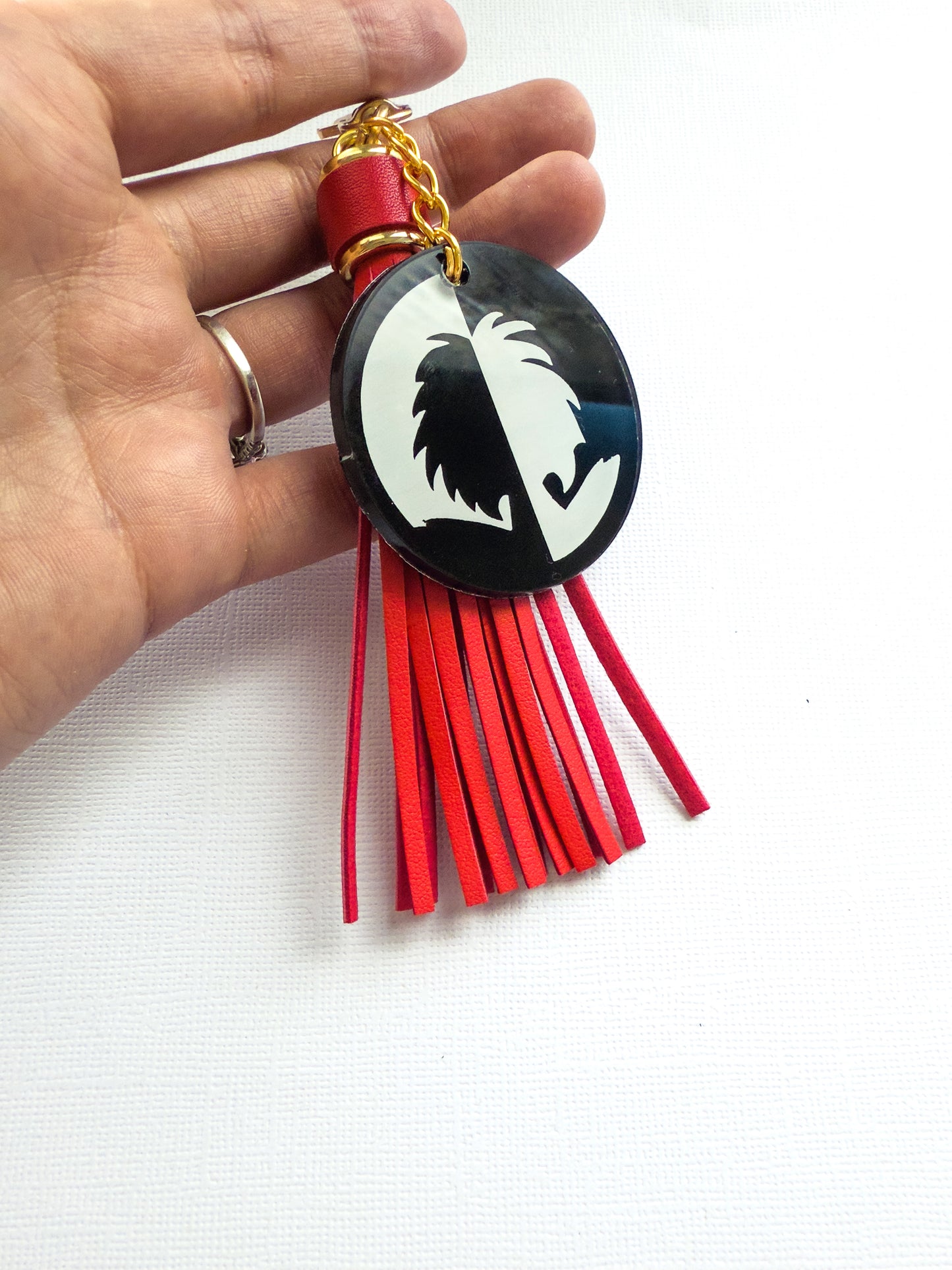 Cruella De Vil Hand-Painted Acrylic Keychain - Red Tassel
