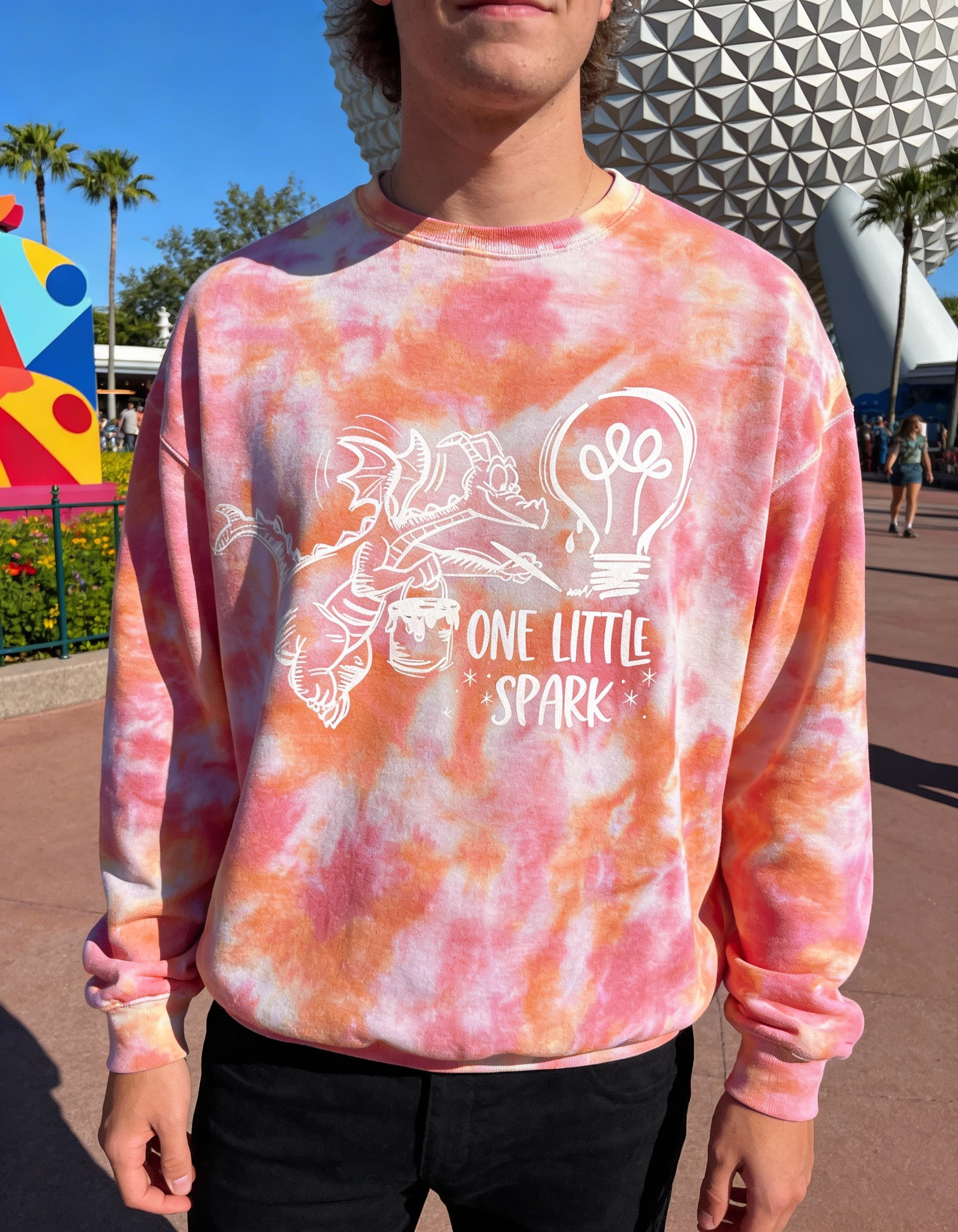 One Little Spark Figment-Inspired Fuchsia-Orange Tie Dye Crewneck Sweatshirt, Festival of the Arts Sweatshirt