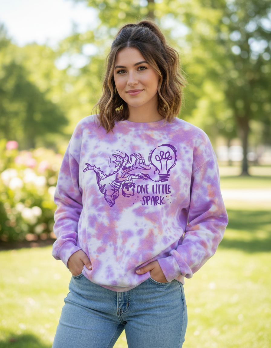 One Little Spark Figment-Inspired Purple-Orange Tie Dye Crewneck Sweatshirt, Festival of the Arts Sweatshirt
