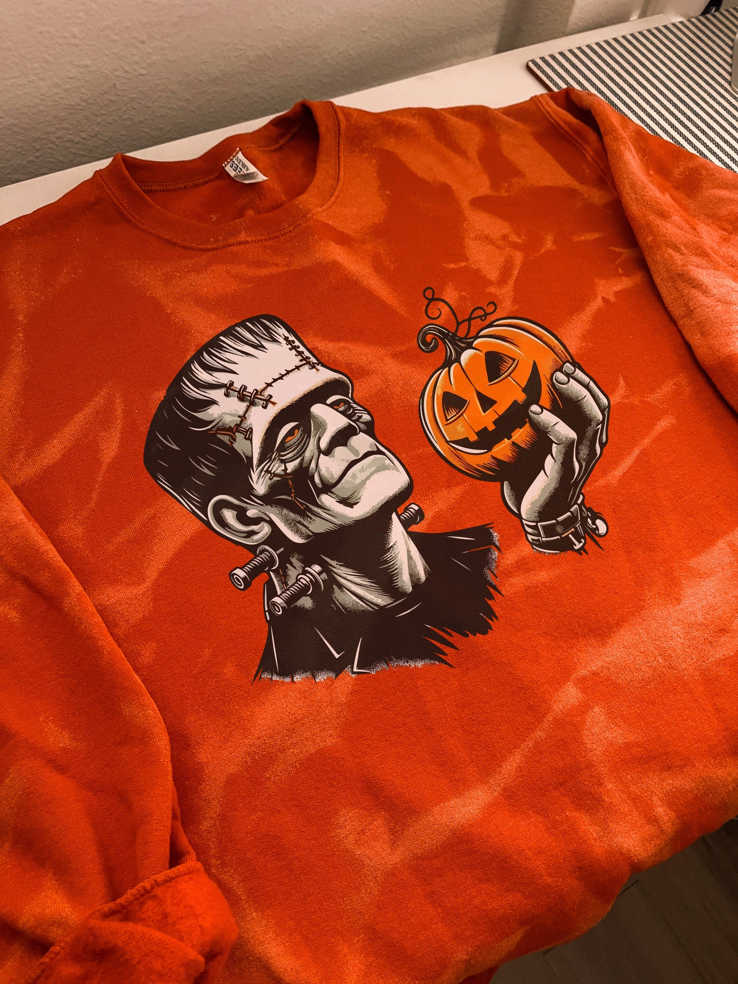 Frankenstein & Pumpkin Reverse Dye Halloween Sweatshirt