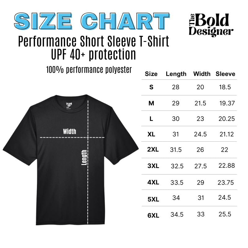 The Bold Designer - Size chart for Performance Short Sleeve T-Shirt with measurements on a black t-shirt