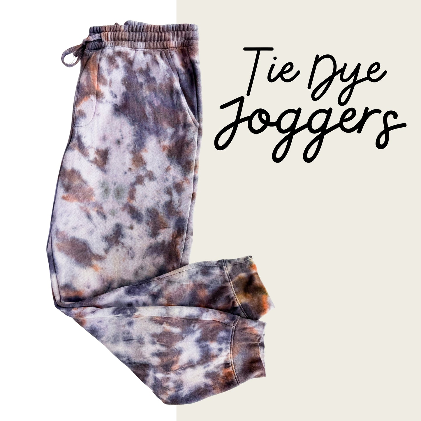 Tie dye joggers on a white background with 'Tie Dye Joggers' text.