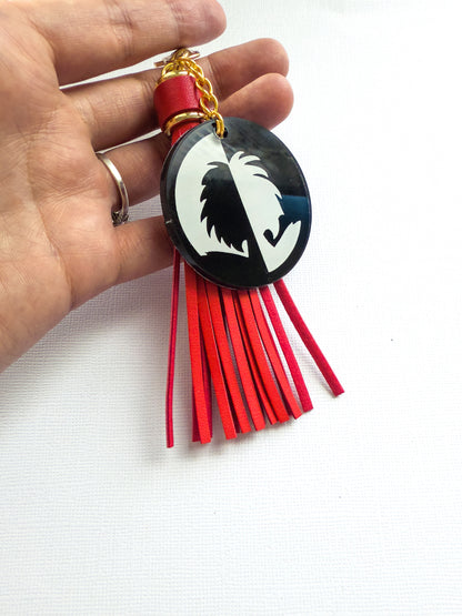 Cruella De Vil Hand-Painted Acrylic Keychain - Red Tassel