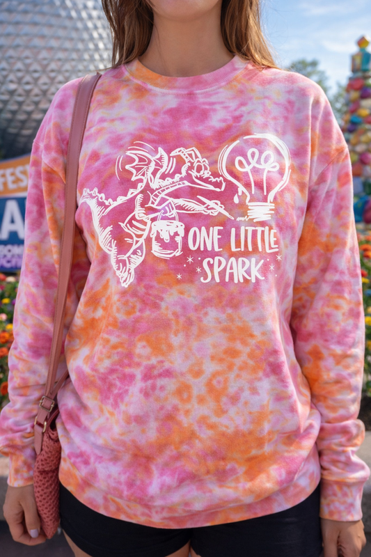 One Little Spark Figment-Inspired Fuchsia-Orange Tie Dye Crewneck Sweatshirt, Festival of the Arts Sweatshirt