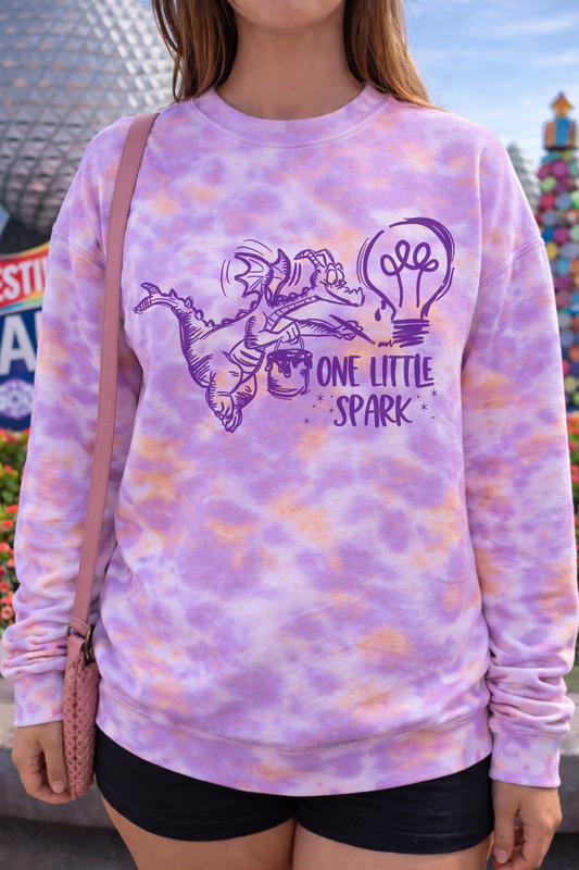One Little Spark Figment-Inspired Purple-Orange Tie Dye Crewneck Sweatshirt, Festival of the Arts Sweatshirt