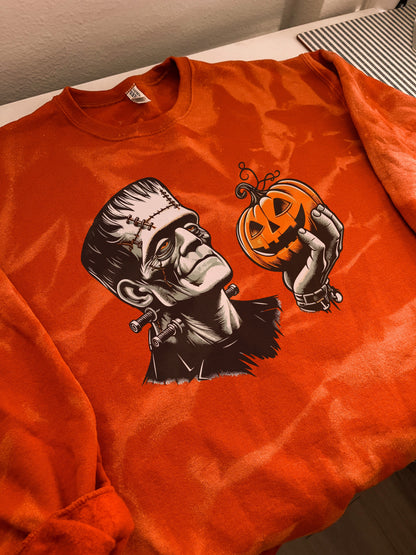Frankenstein & Pumpkin Reverse Dye Halloween Sweatshirt 