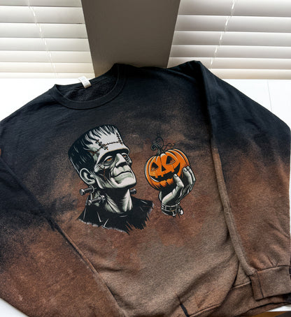 Frankenstein & Pumpkin Reverse Dye Halloween Sweatshirt 