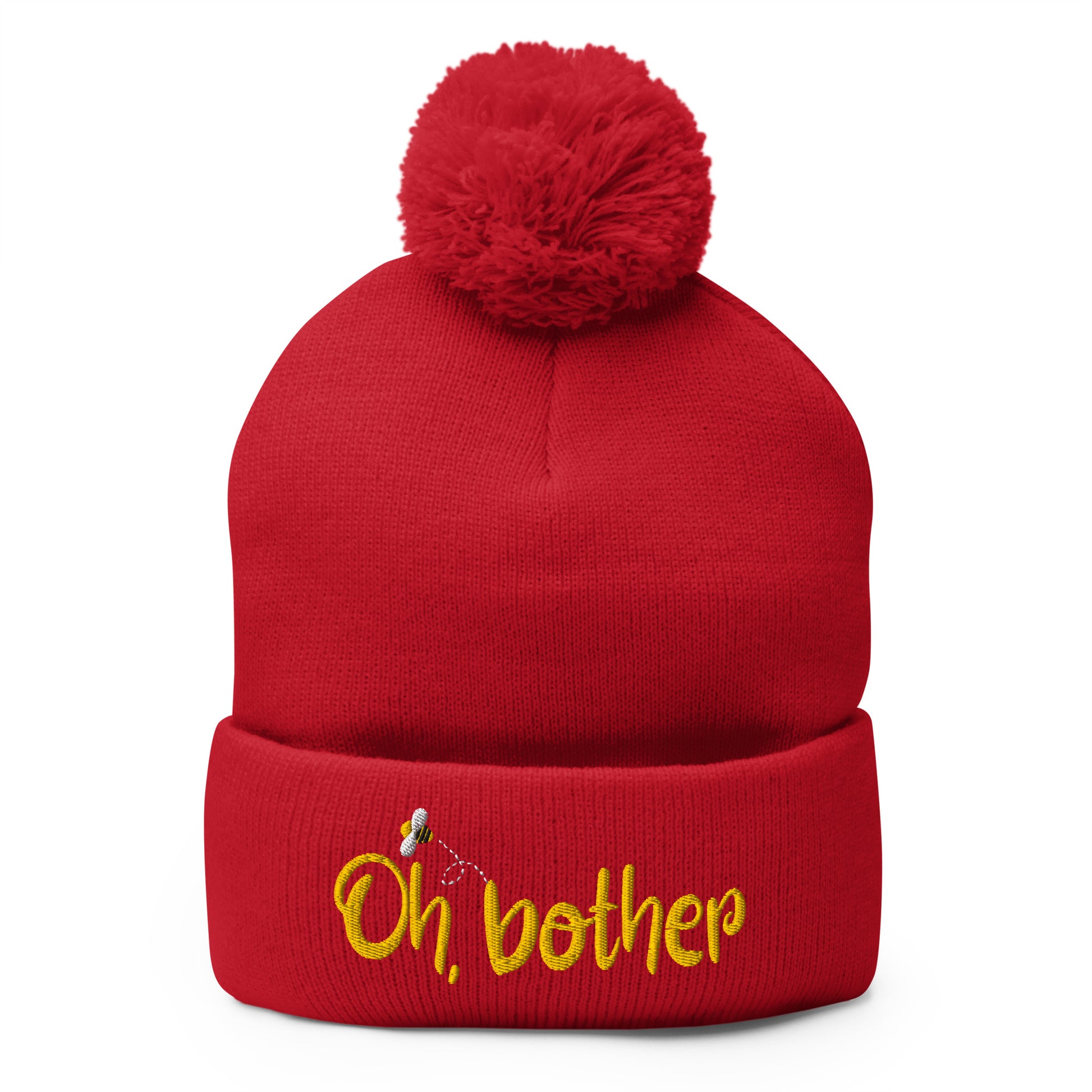 Oh Bother Winnie The Pooh Inspired Embroidered Pom-Pom Beanie Red Gray Product mockup
