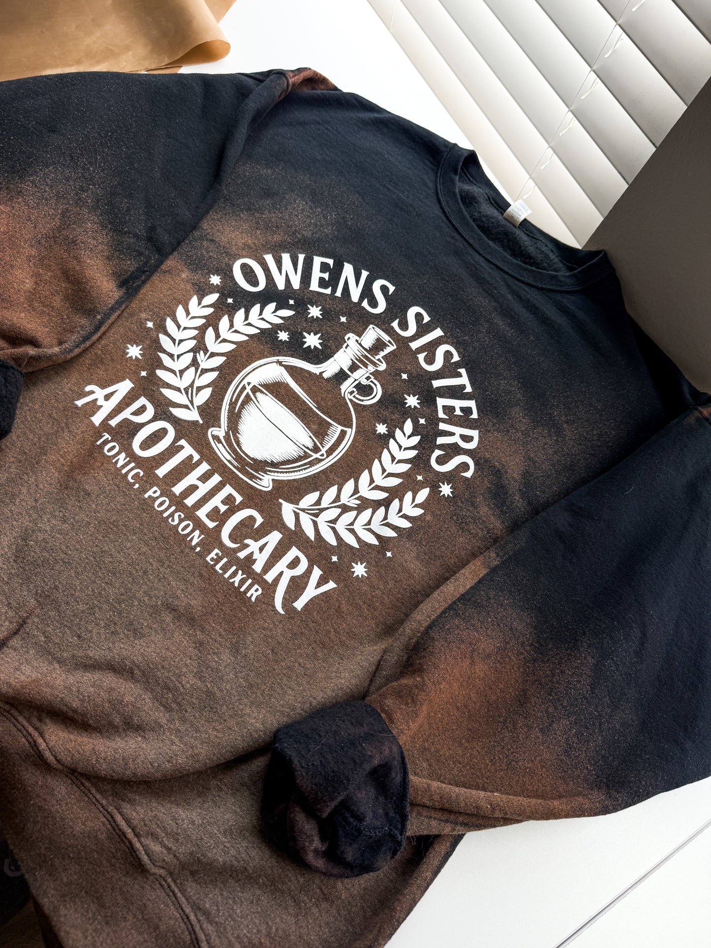 Owens Sisters Apothecary Reverse Dye Sweatshirt – Practical Magic Inspired Halloween Sweater