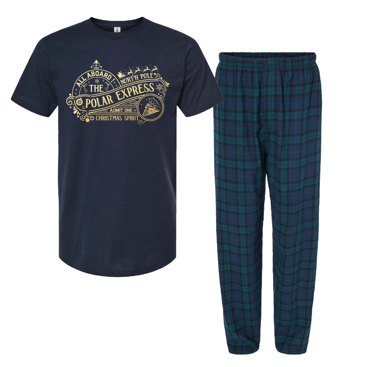 All Aboard The Polar Express Christmas Pajama Set, Matching Flannel Pants + Shirt 