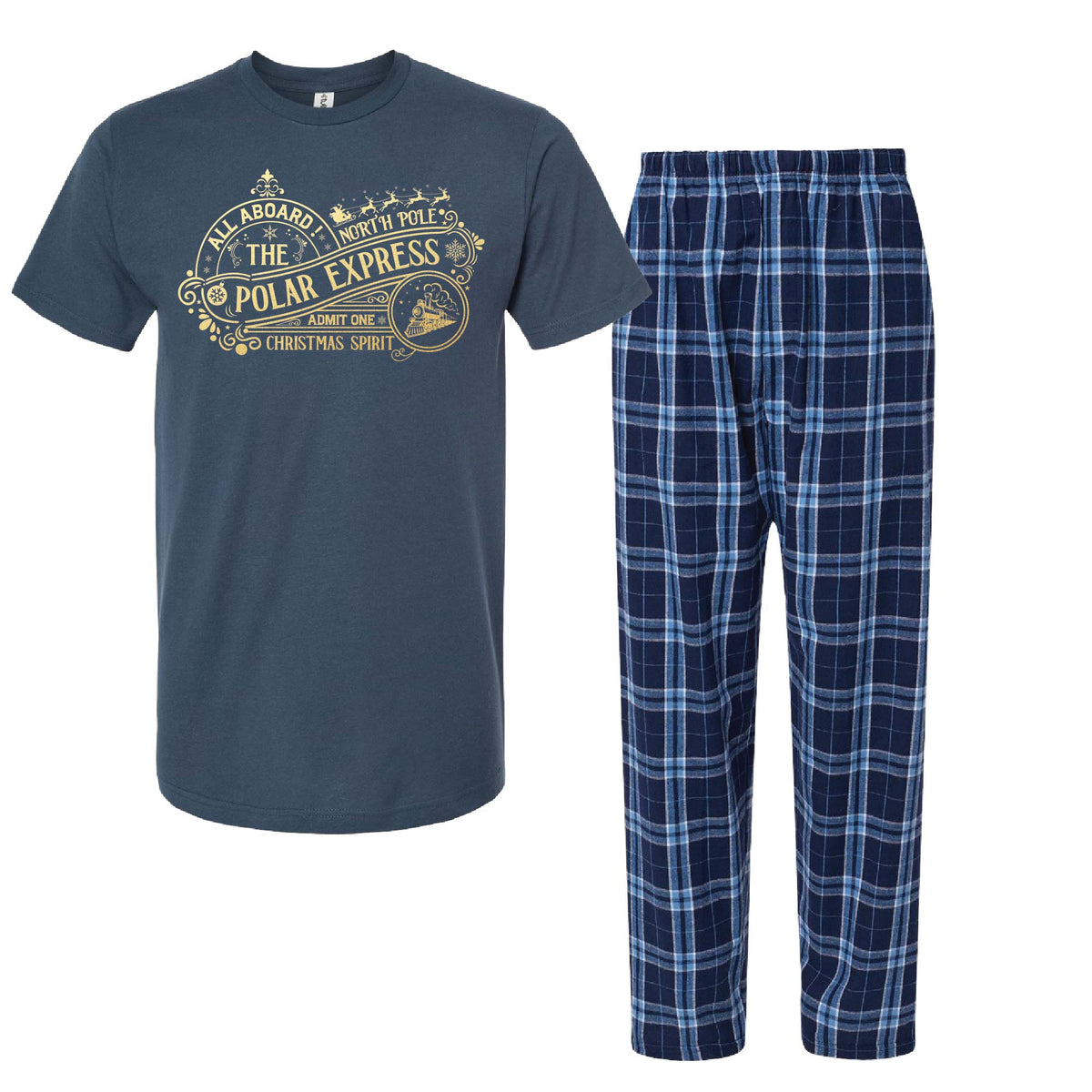 All Aboard The Polar Express Christmas Pajama Set, Matching Flannel Pants + Shirt 