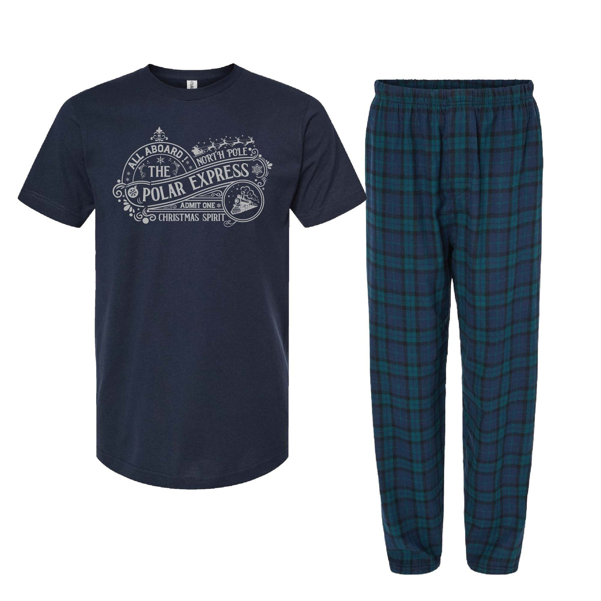 All Aboard The Polar Express Christmas Pajama Set, Matching Flannel Pants + Shirt 