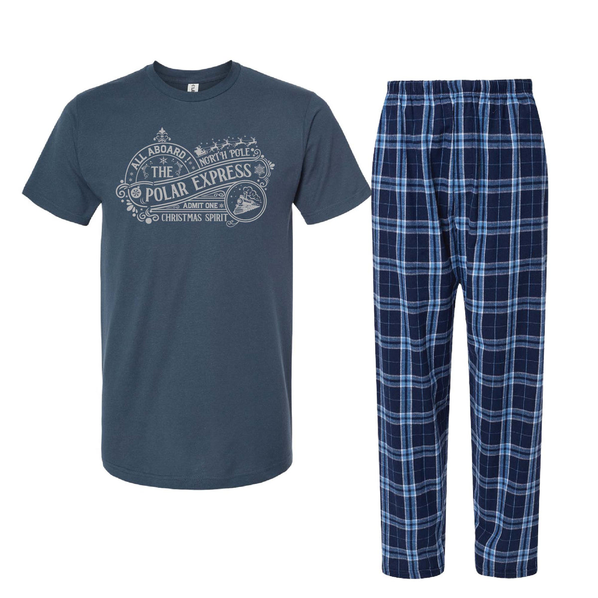 All Aboard The Polar Express Christmas Pajama Set, Matching Flannel Pants + Shirt 