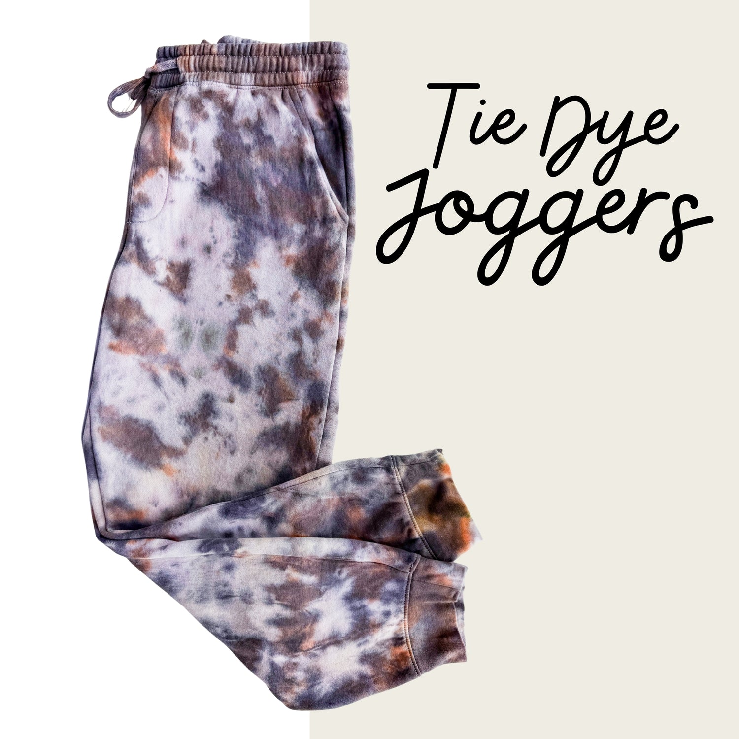 Tie dye joggers on a white background with 'Tie Dye Joggers' text.